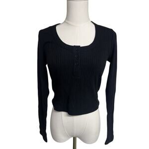 Reformation Cropped Top Womens S Black Long Sleeve Henley Ribbed Scoop Neck